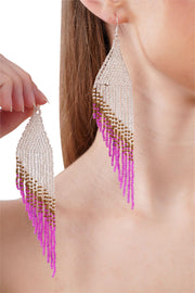 Fringe Seed Bead Dangle Earrings: Pink & Blue Boho Style
